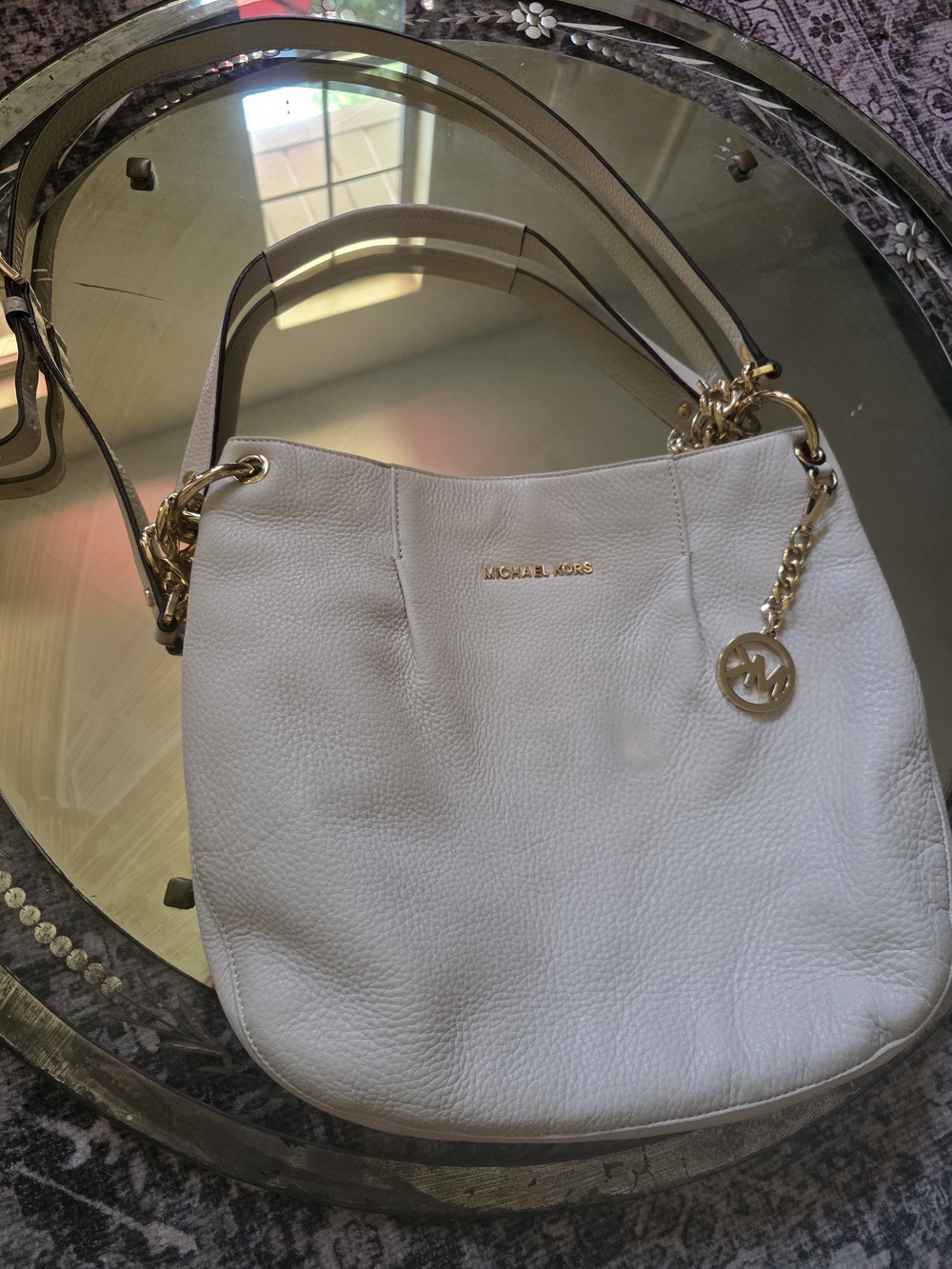 Michael Kors Cream Pebbled Leather Shoulder Bag with Gold Hardware